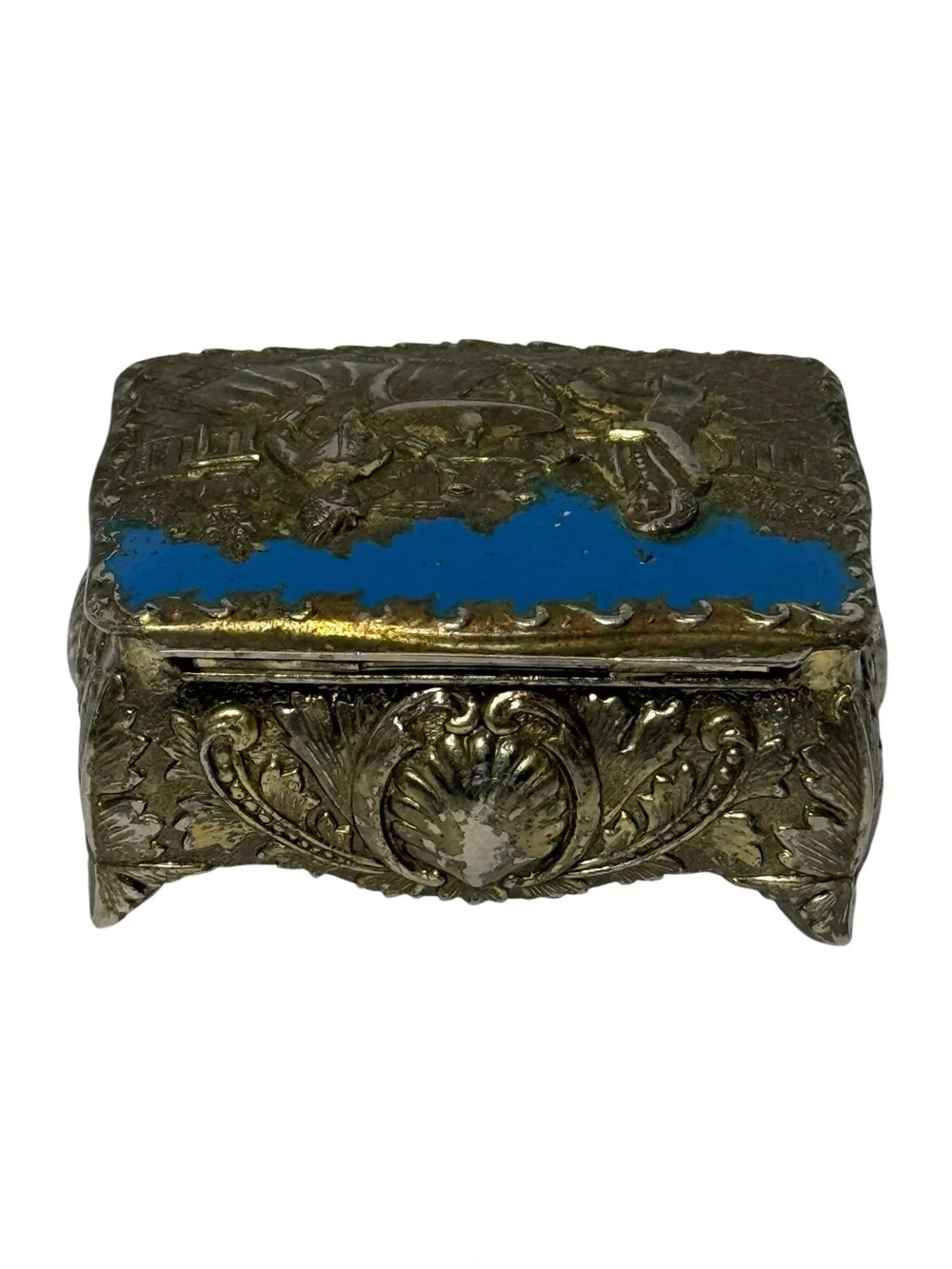 Vintage Repousse Metal Enamel Trinket Jewelry Box Courting Couple Made in Japan